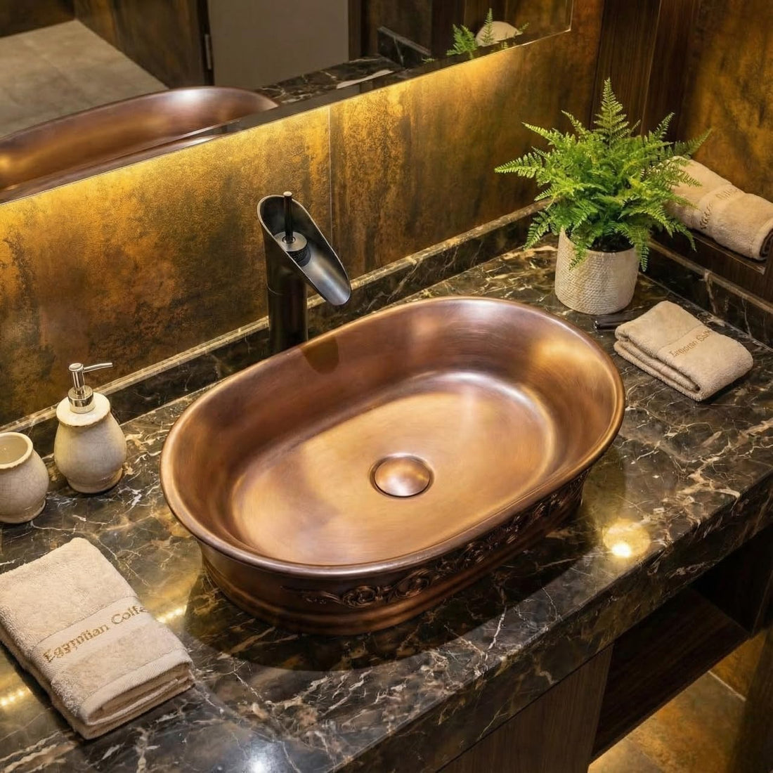Table top wash basin design by InArt, matt copper rectangular ceramic counter basin, 50x37 cm front view