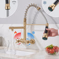 Glossy brushed gold finish detail on brass wall kitchen mixer tap body