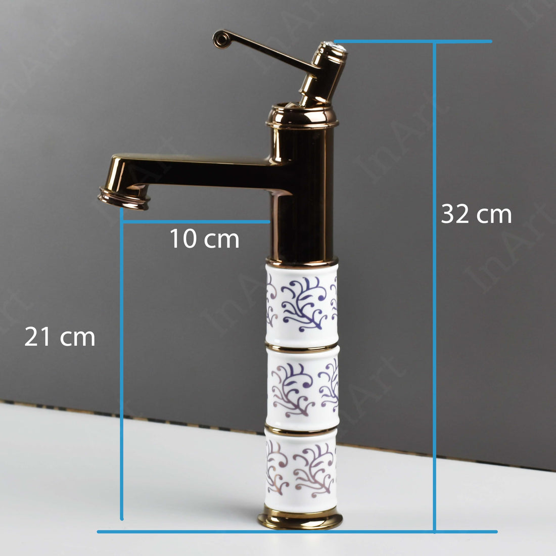 InArt single lever basin mixer tap in rose gold zinc alloy with waterfall spout, hot and cold water