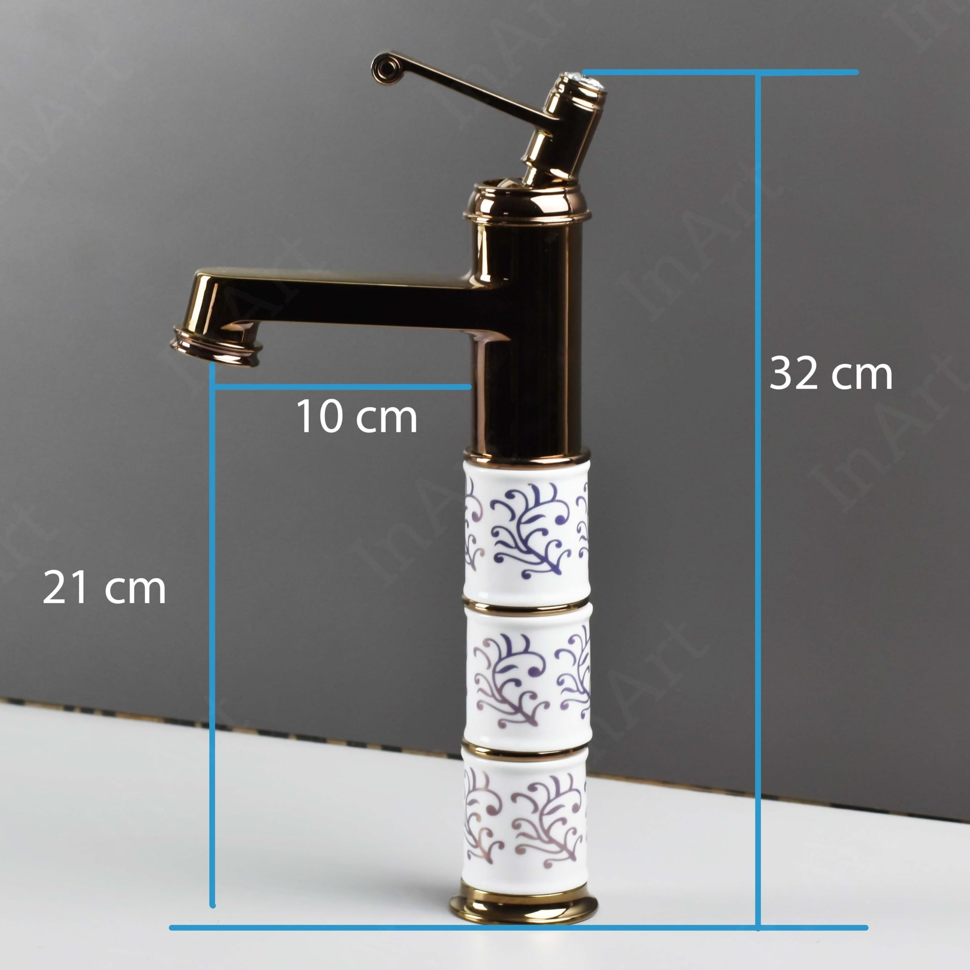 Rose gold waterfall basin tap, single lever wash basin mixer shown at 45 degree angle for modern bathroom
