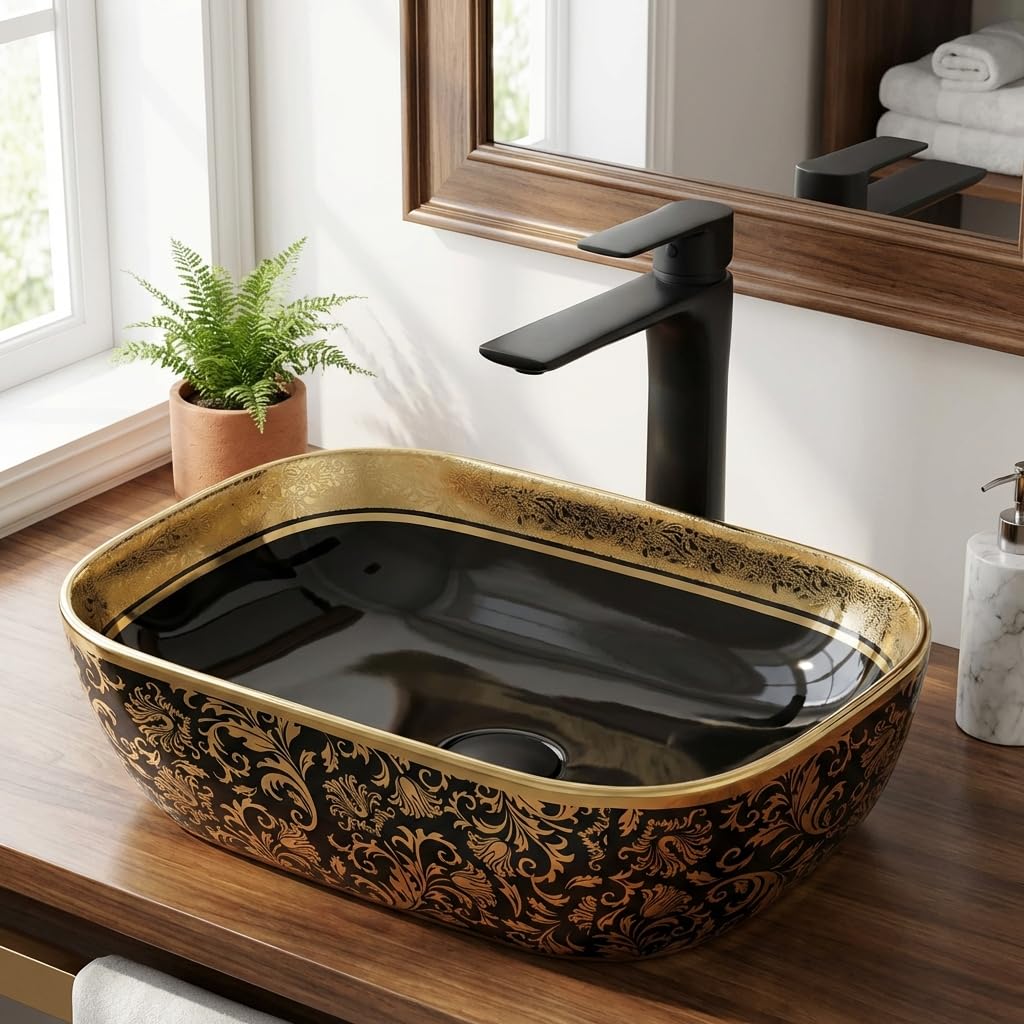 InArt wash basin countertop, oval ceramic table top basin in glossy black and gold, front view