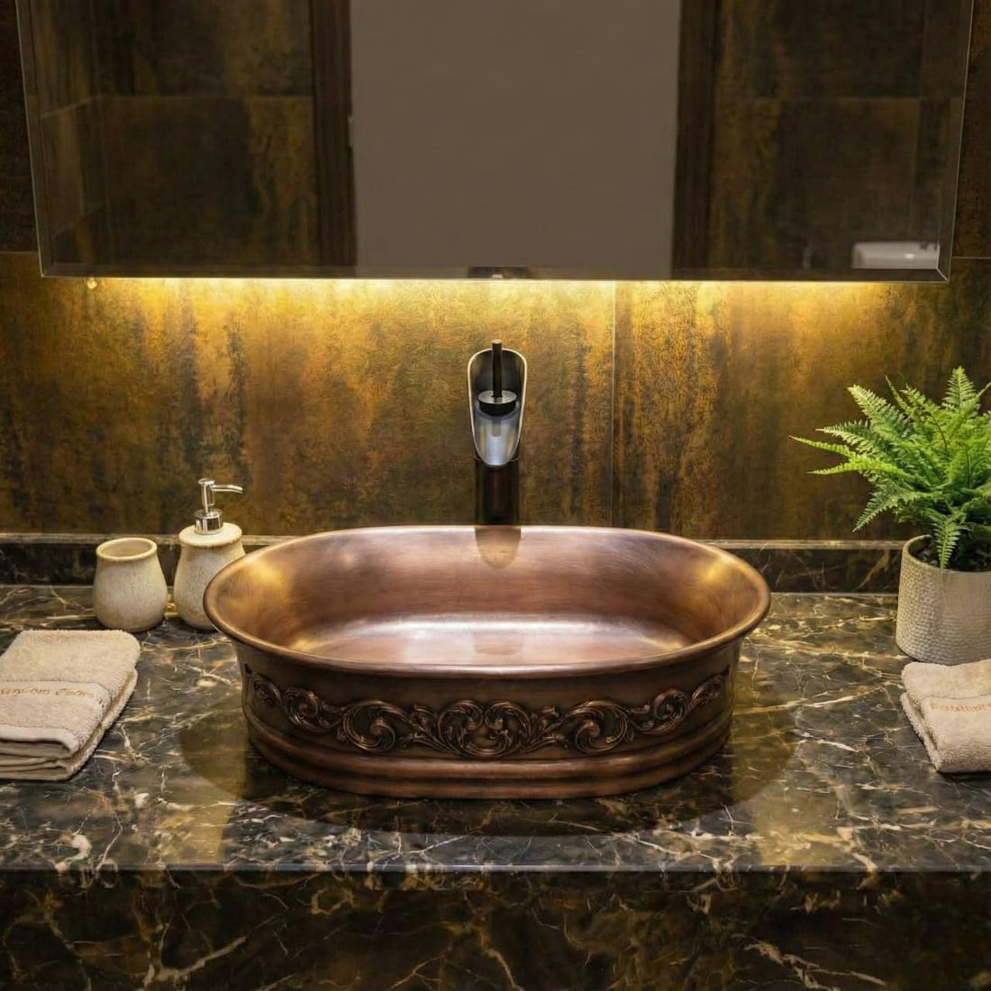 Table top wash basin design by InArt, matt copper rectangular ceramic counter basin, 50x37 cm front view