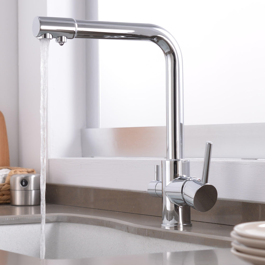 InArt 3 hole kitchen sink faucet in chrome brass swan neck tap with 360° swivel spout, deck mounted