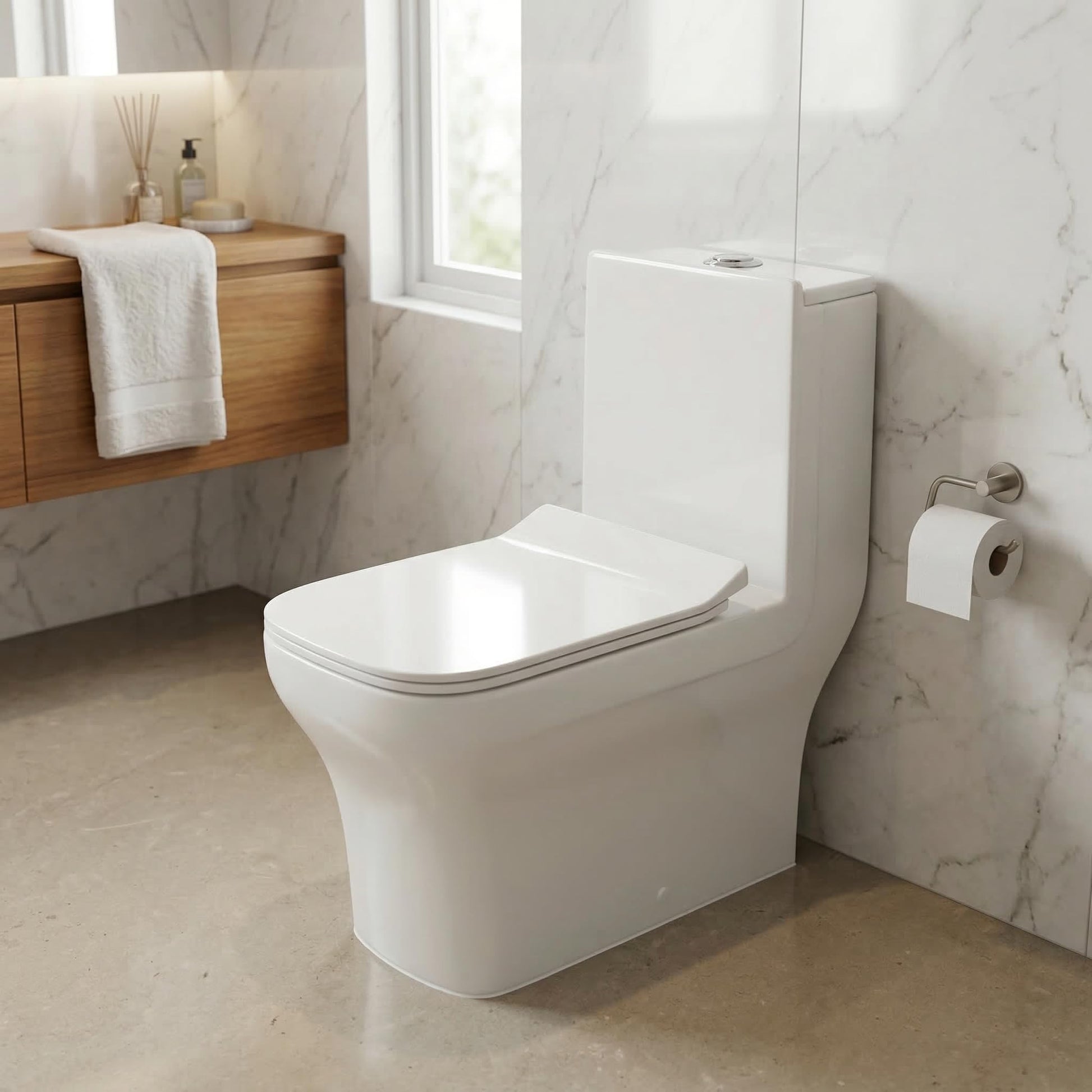 InArt one piece water closet in glossy white ceramic, square floor mounted western toilet front view