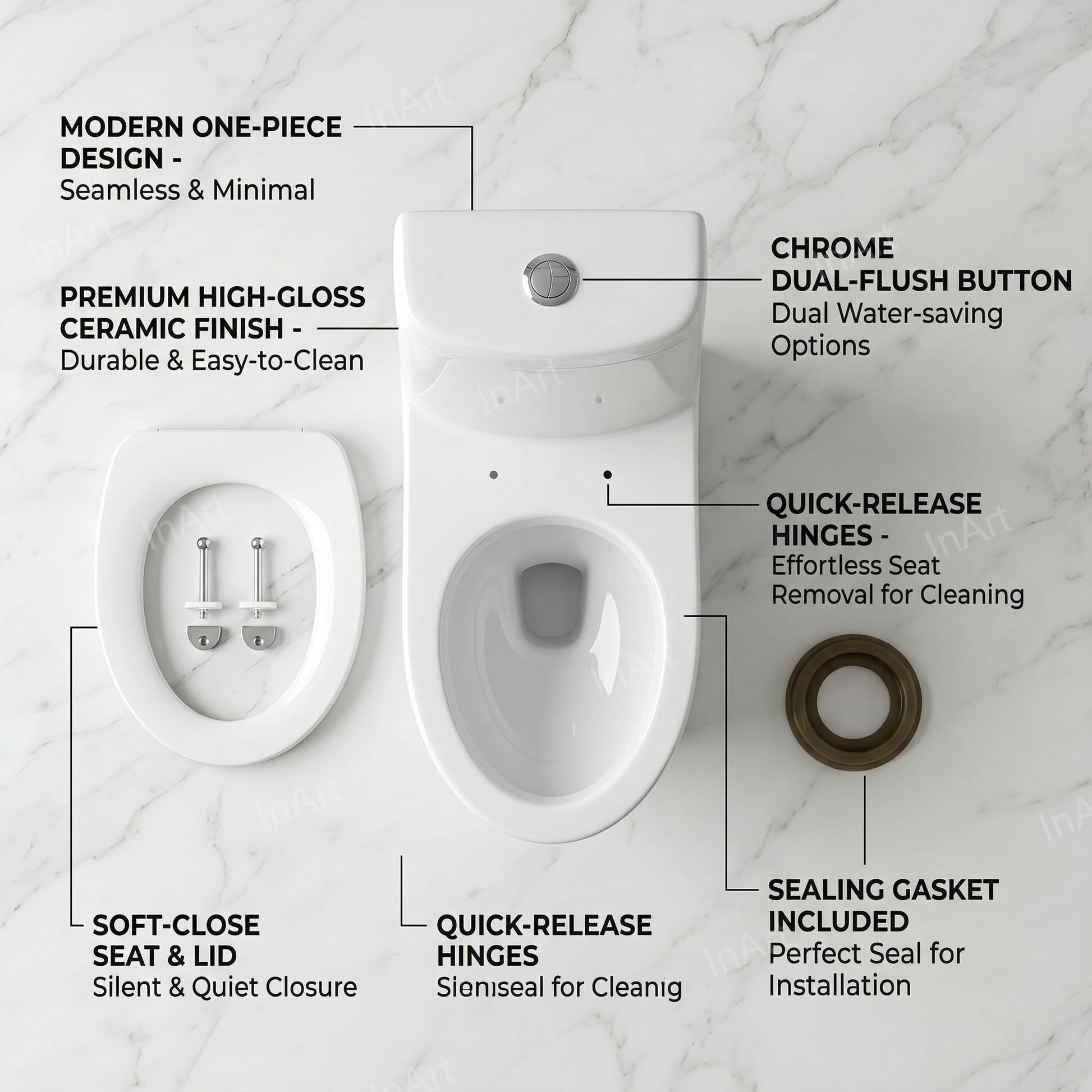 Single piece western toilet in glossy white, oval one piece commode side angle for modern Indian bathroom