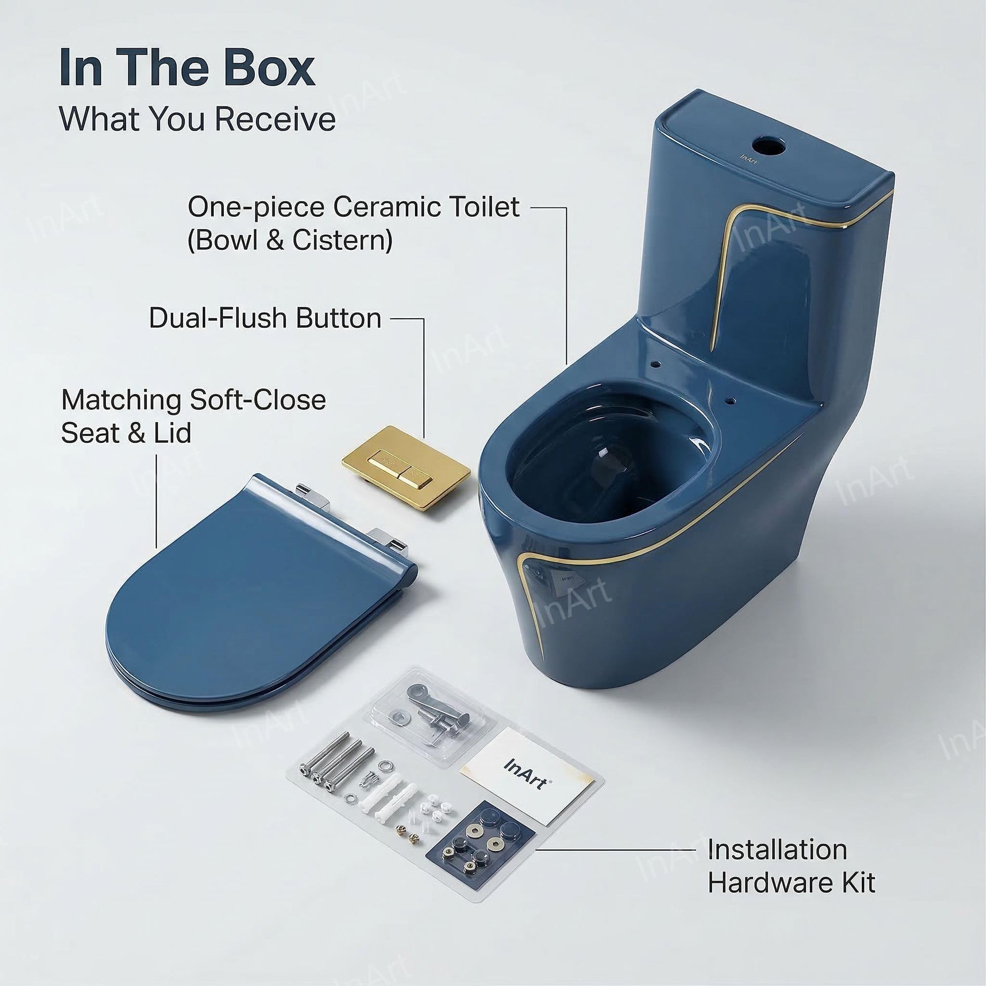 InArt Syphonic one piece western toilet for washroom, glossy blue ceramic commode in bathroom setting