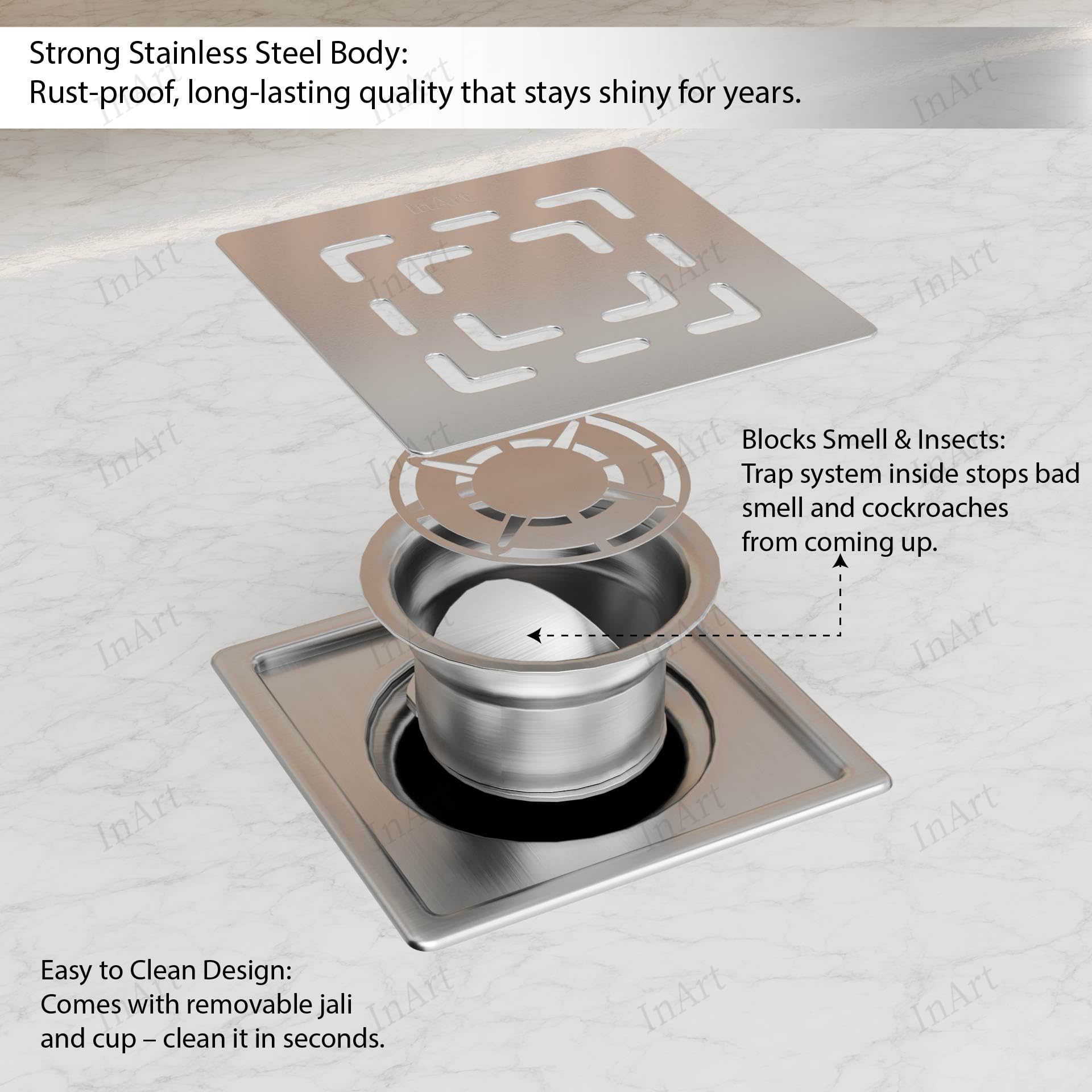 Close-up of swirl pattern square drain cover, brushed matte silver 304 stainless steel bathroom jali