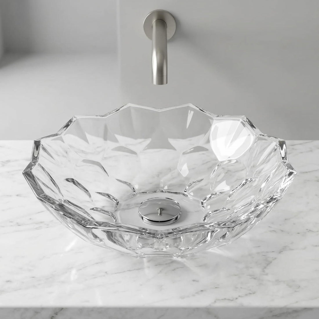 InArt glass design wash basin, transparent square table top basin in clear glass, front view