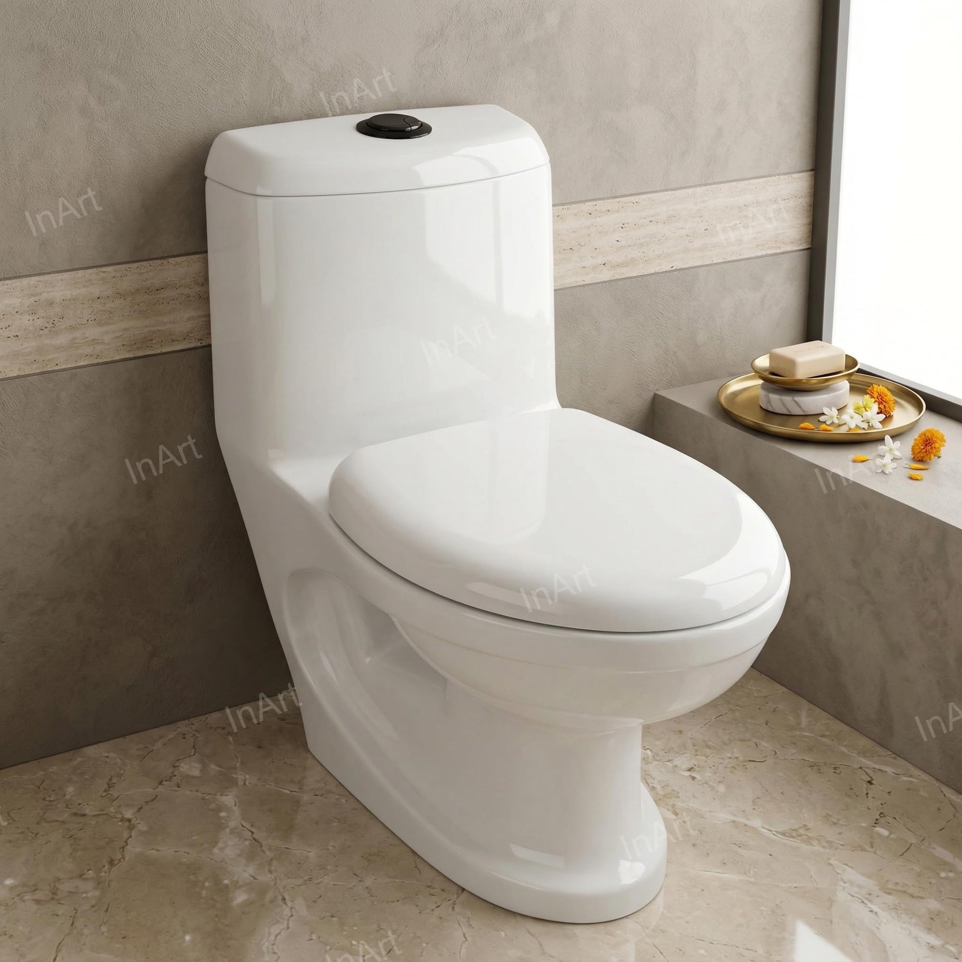 Soft close seat cover detail on InArt one piece western commode, glossy white square ceramic finish