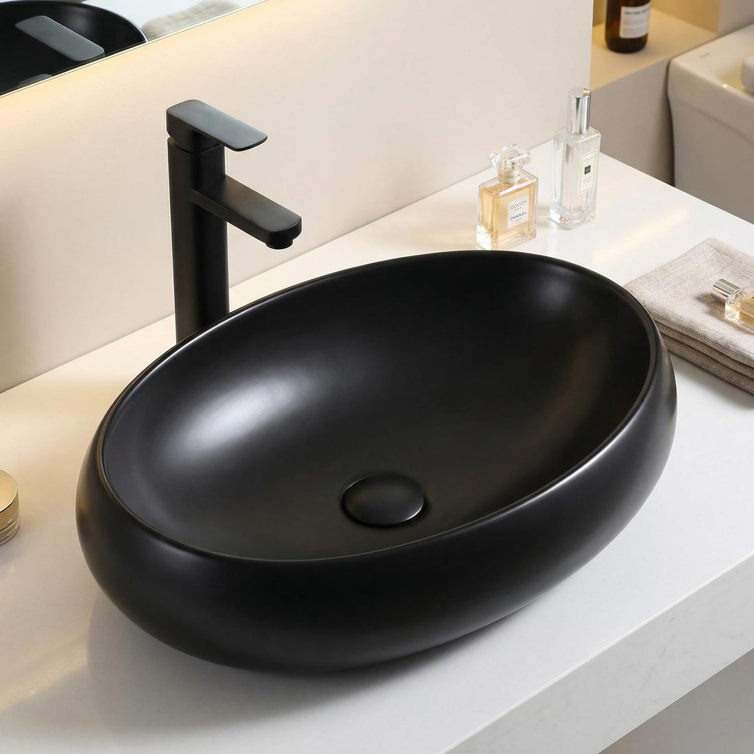 InArt modern contemporary bathroom sink, matte black ceramic rectangular table top wash basin 24 inch