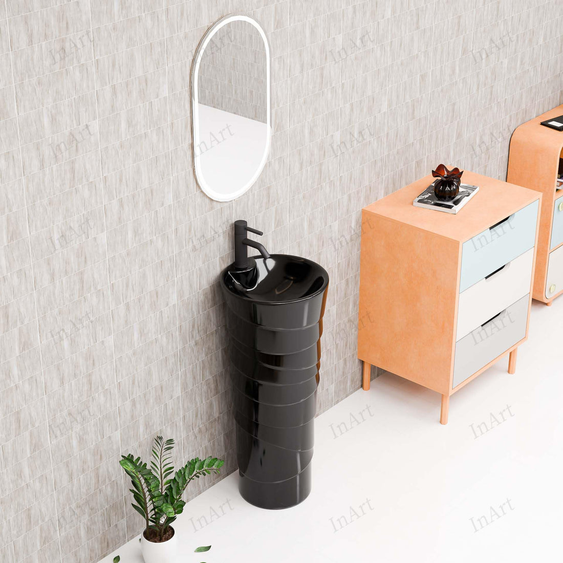 InArt black bathroom sink, ceramic square one-piece pedestal wash basin, front view