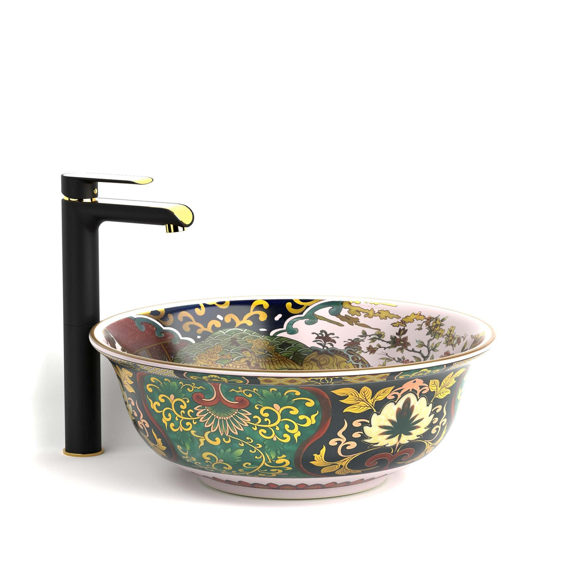 InArt ceramic square table top wash basin with cabinet design, multi colour printed glazed, front view