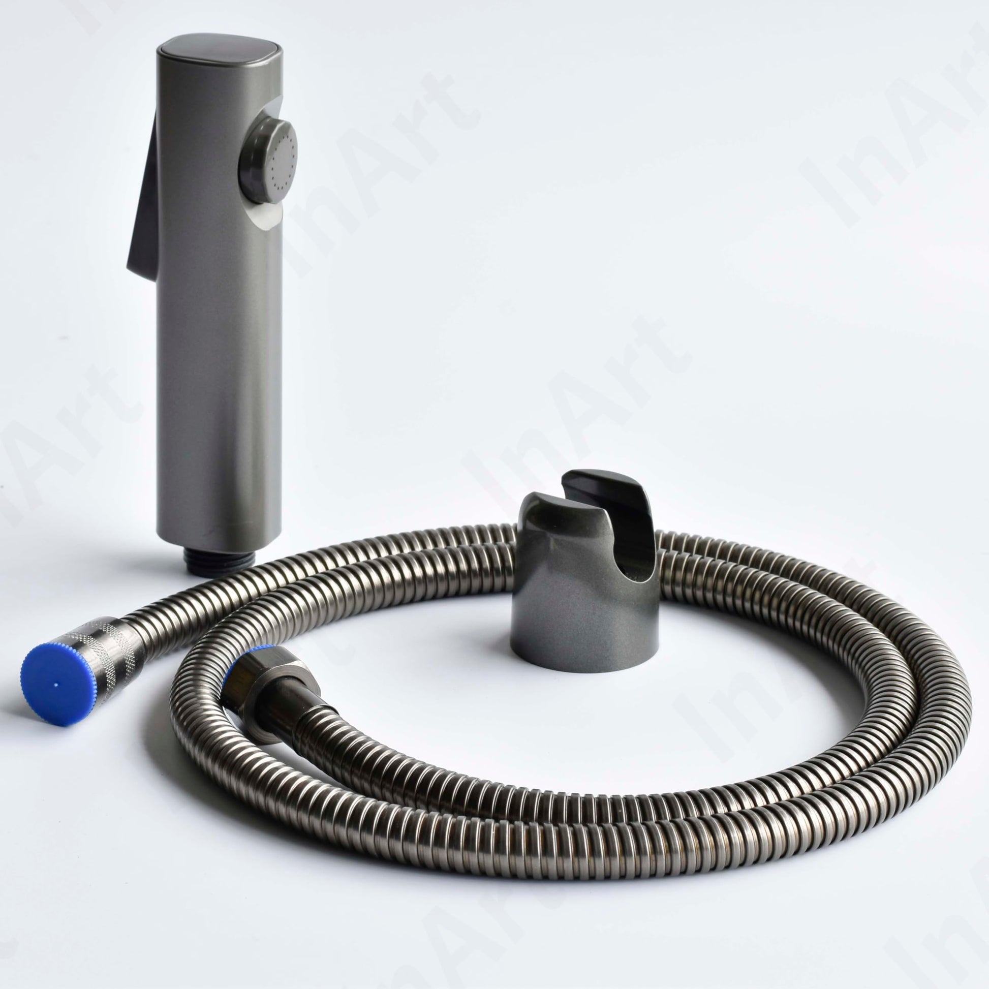 Jet spray for toilet wall mounted in grey satin finish, angled view of handheld spray and holder