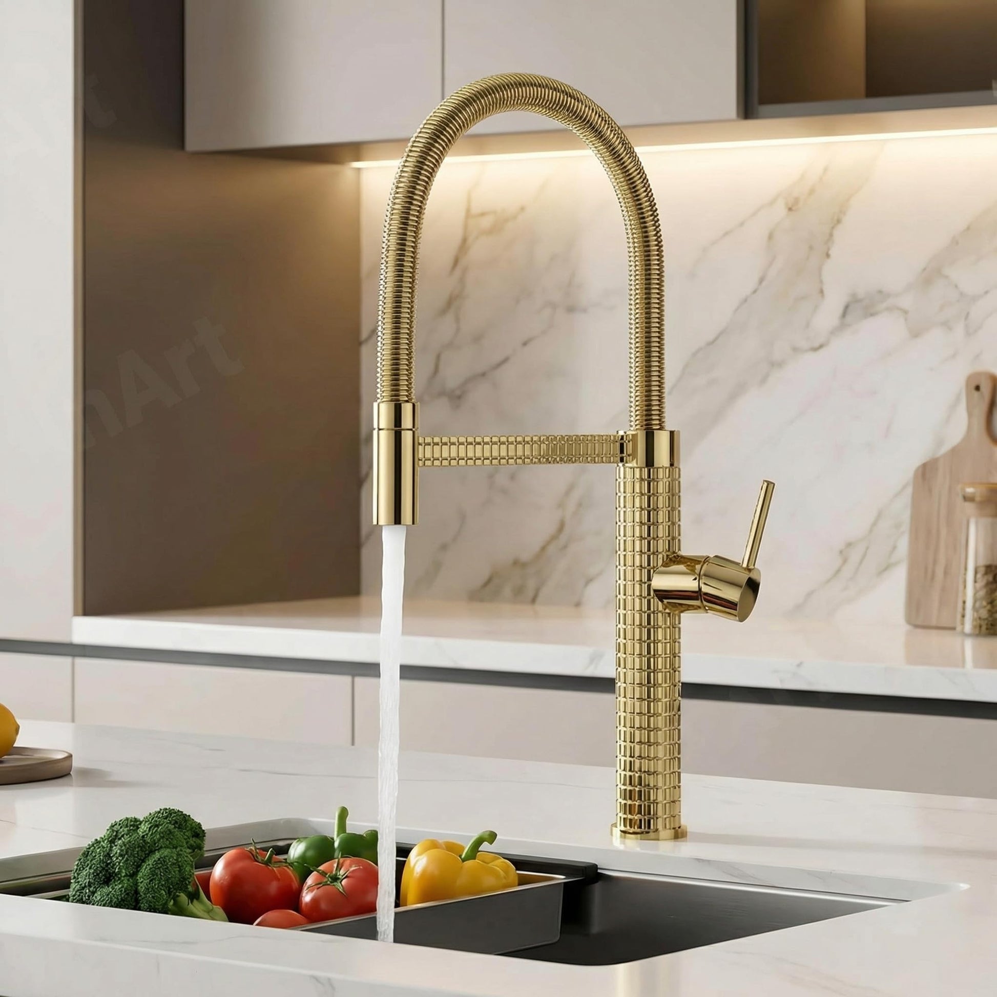 Single lever wall mixer InArt brass high arc spring kitchen sink tap in gold finish with pull out sprayer