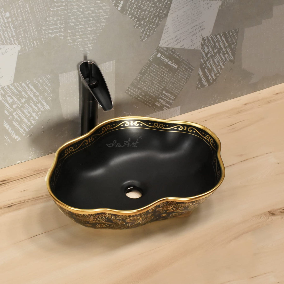 InArt rectangular table top wash basin in matte black ceramic, countertop front view