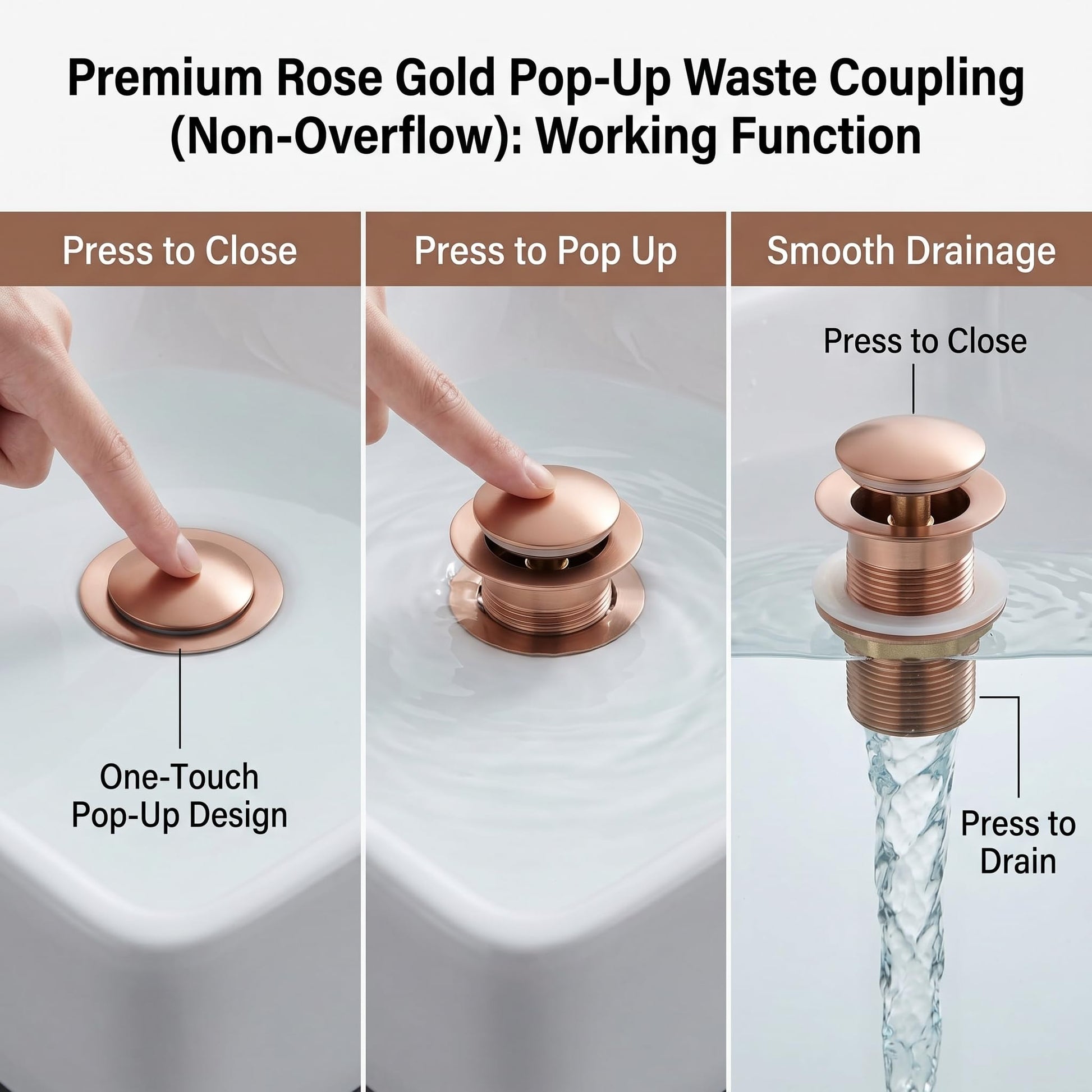 Basin drain outlet pop-up coupling showing full-thread body length