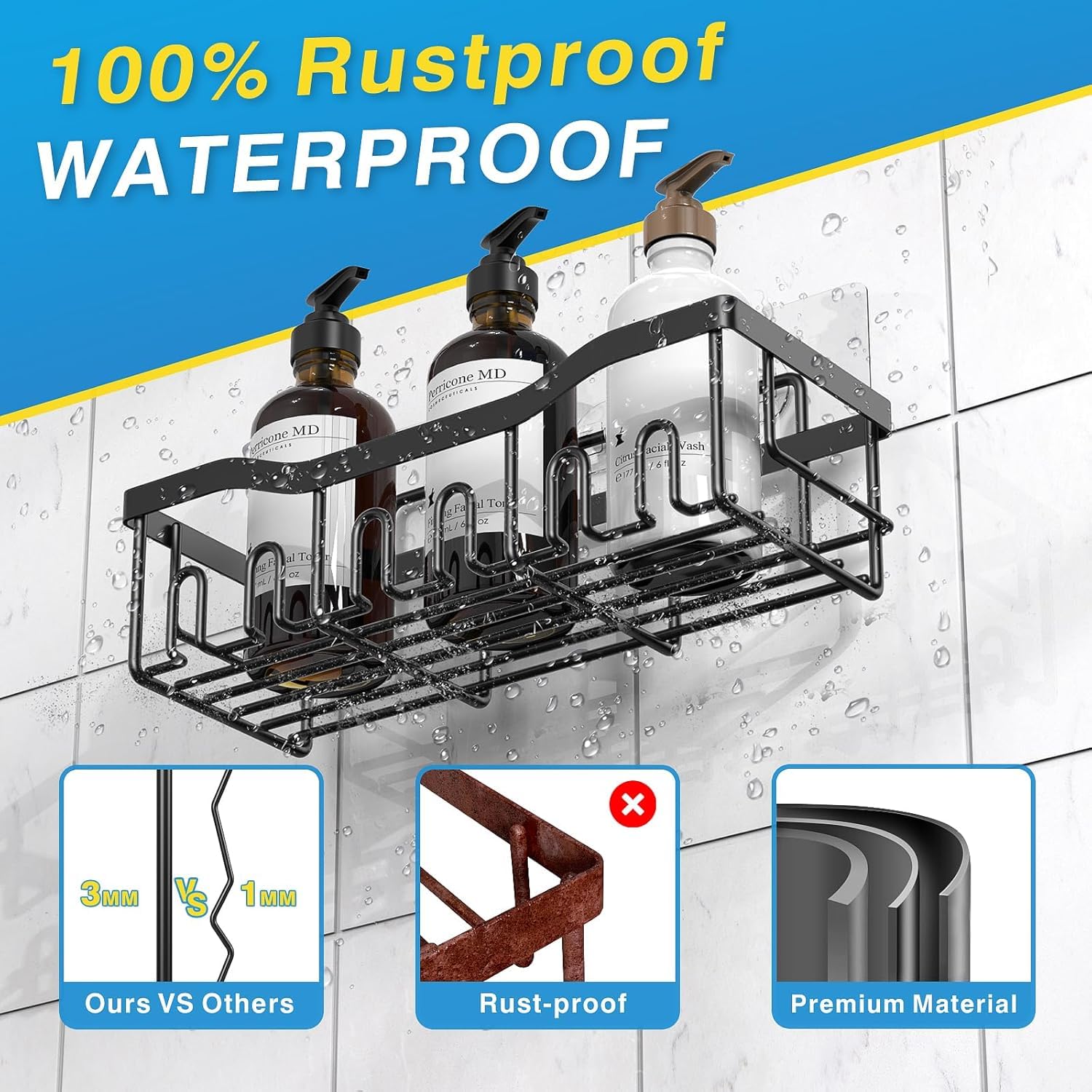 No-drill adhesive pads included for mounting bathroom rack on smooth tiles
