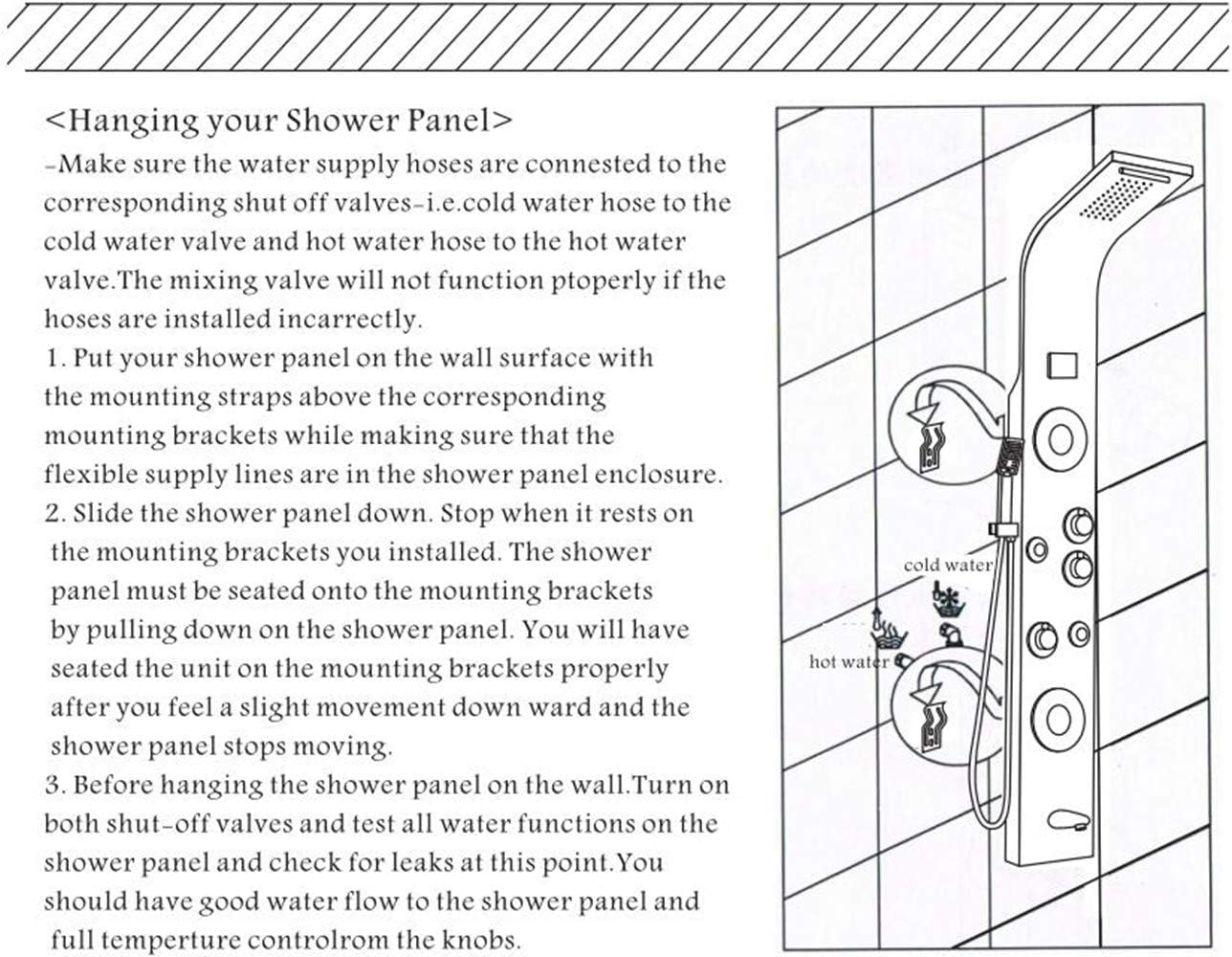 Black shower tower installed in bathroom interior, rainfall shower head and body jets for spa-like shower
