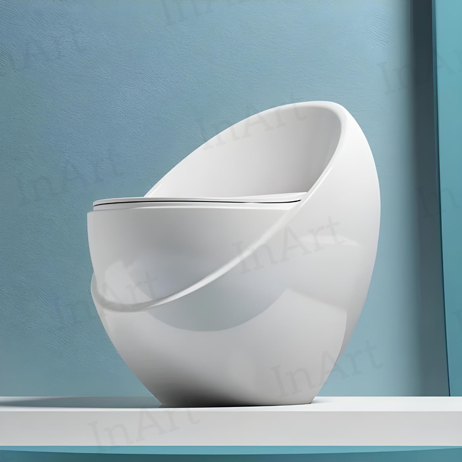 InArt modern single piece western toilet, egg shape ceramic commode in glossy white, side angle view