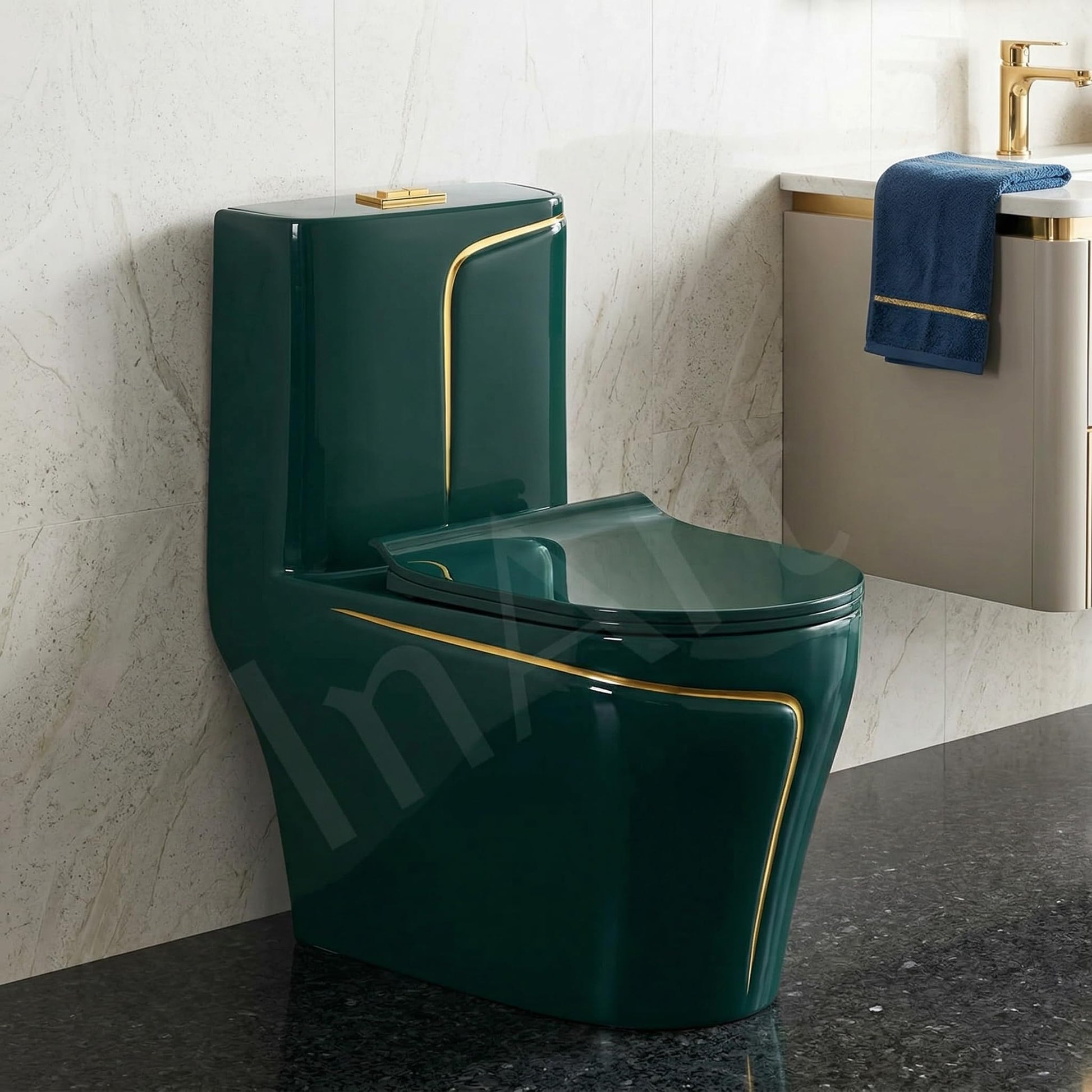 InArt floor mounted european water closet in green ceramic, elongated oval EWC with dual flush tank