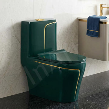 InArt floor mounted european water closet in green ceramic, elongated oval EWC with dual flush tank