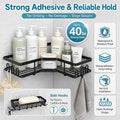 Wall corner shelf bathroom organiser showing side hooks for loofah and razor