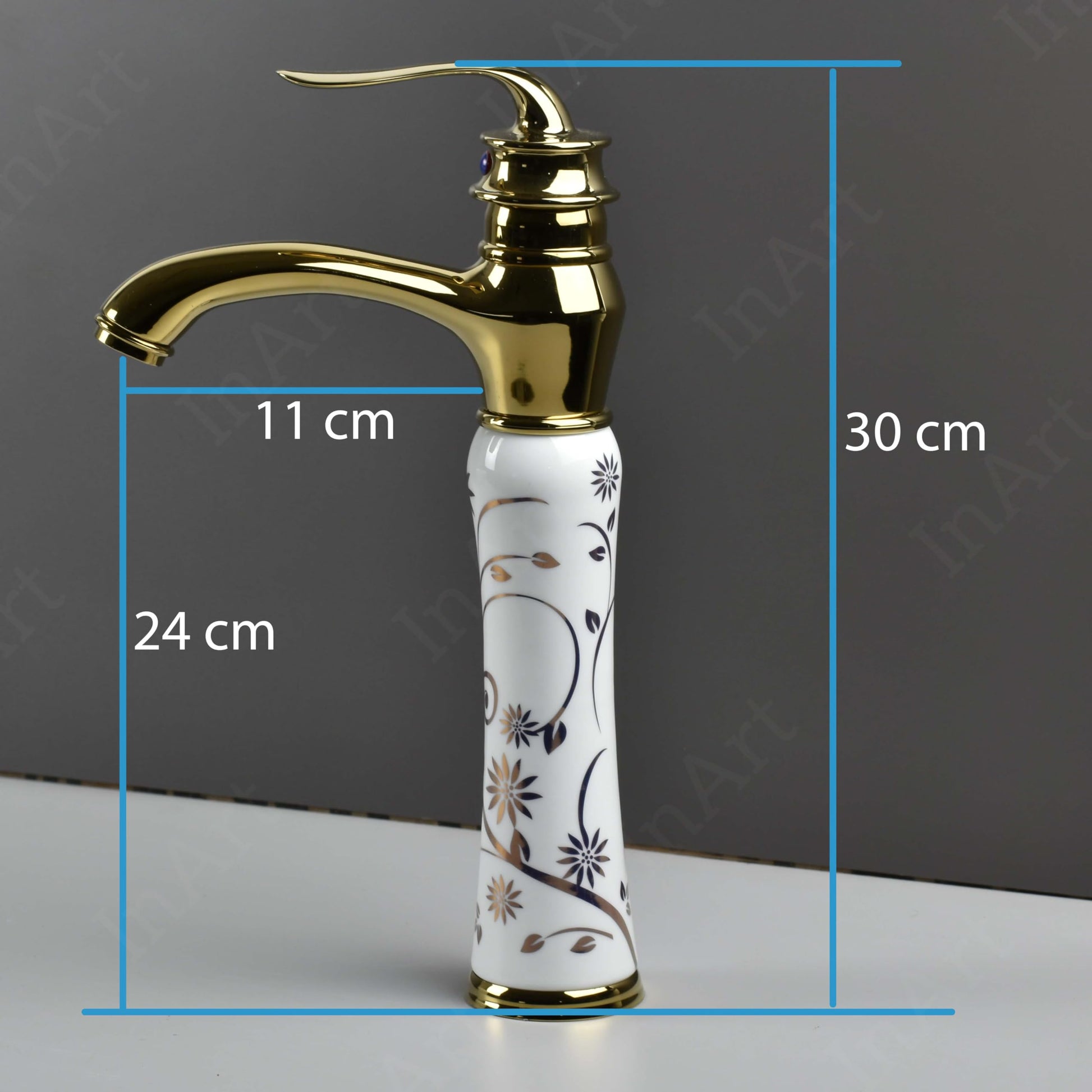 Waterfall basin tap in antique white gold finish, side angle view with single lever hot and cold mixer
