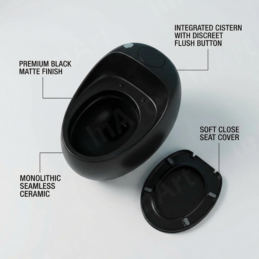 InArt ceramic one piece toilet in matte black, elongated oval floor mounted western commode, main front view