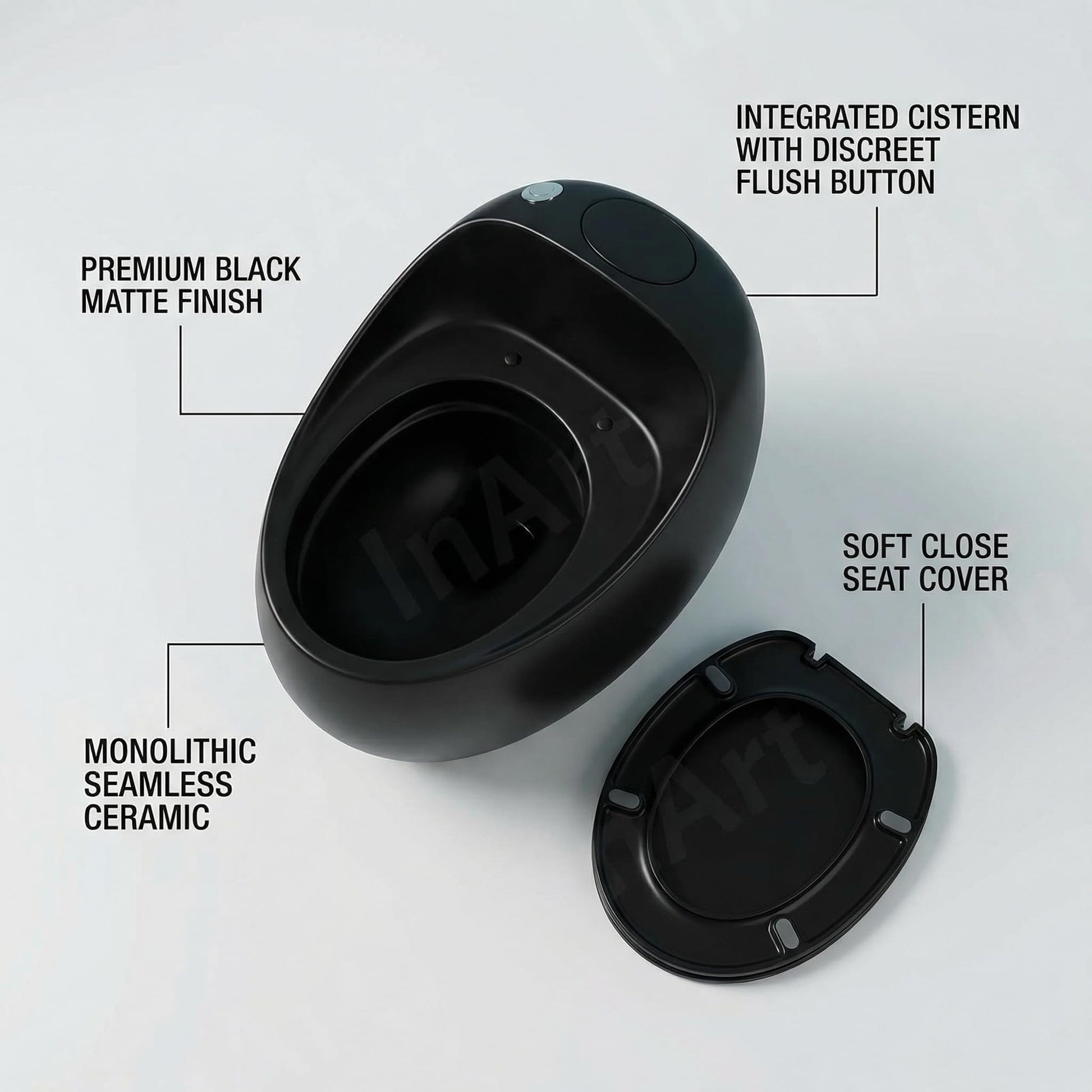 InArt designer western toilet black in matte finish, three quarter angle view of one piece floor mounted commode