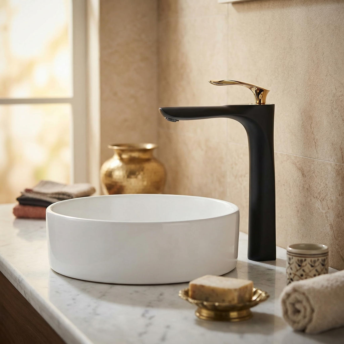 InArt brass single lever basin mixer tap in black gold finish, main view for bathroom wash basin
