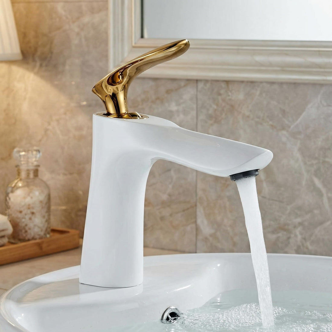InArt washing basin tap in brass with golden white finish, single lever basin mixer for bathroom