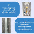 Chrome shower tower style look in brushed nickel, handheld shower and hose detail for Indian bathroom