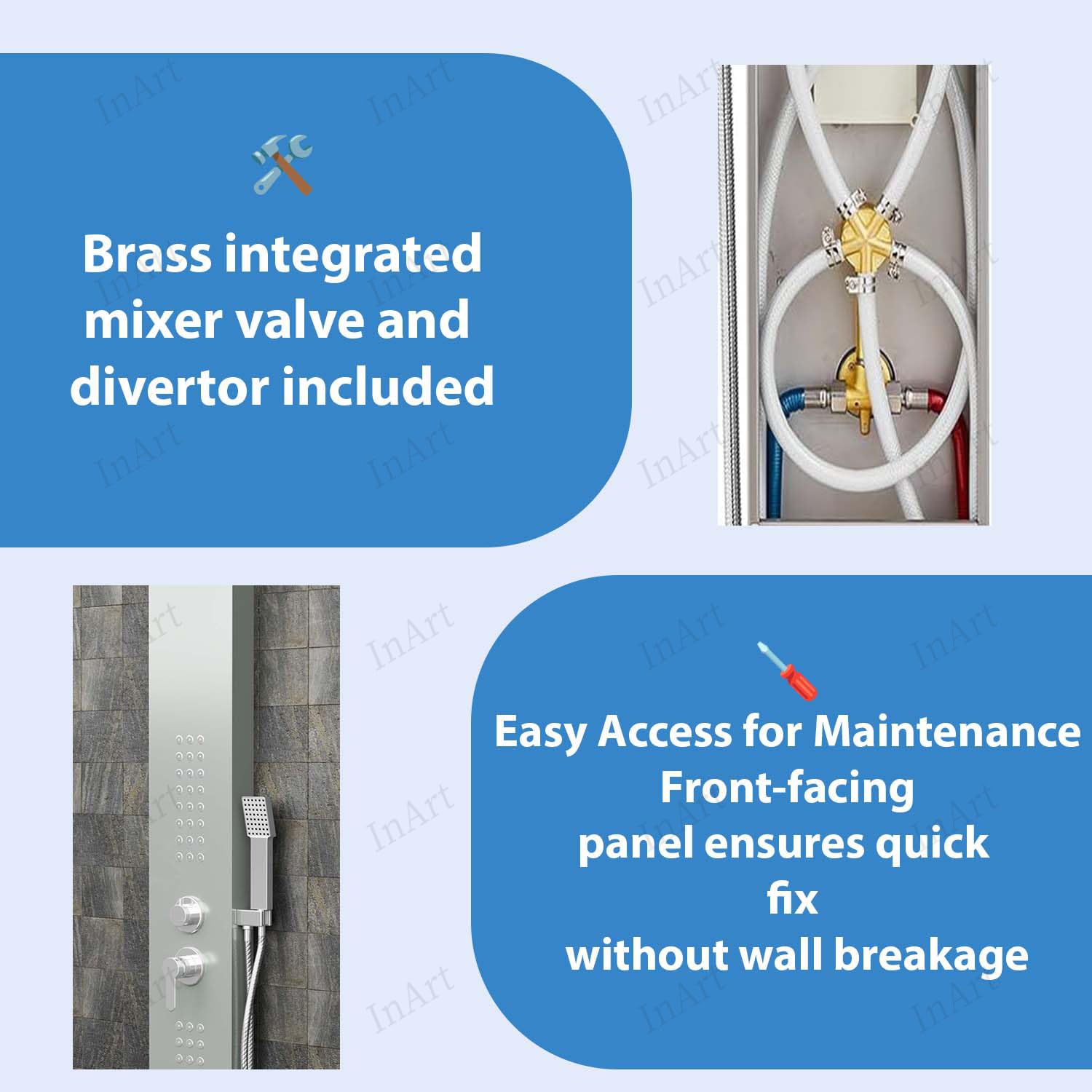 Chrome shower tower style look in brushed nickel, handheld shower and hose detail for Indian bathroom
