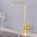 Close-up of InArt RO purifier tap for kitchen sink showing ceramic disc cartridge and brushed gold handle