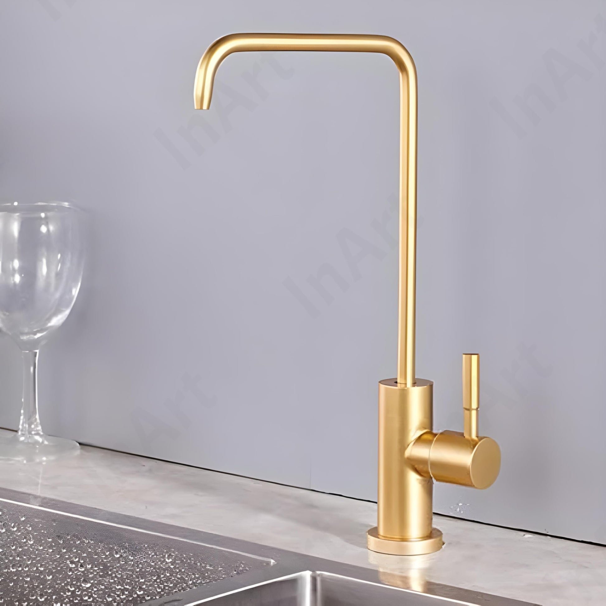 Close-up of InArt RO purifier tap for kitchen sink showing ceramic disc cartridge and brushed gold handle