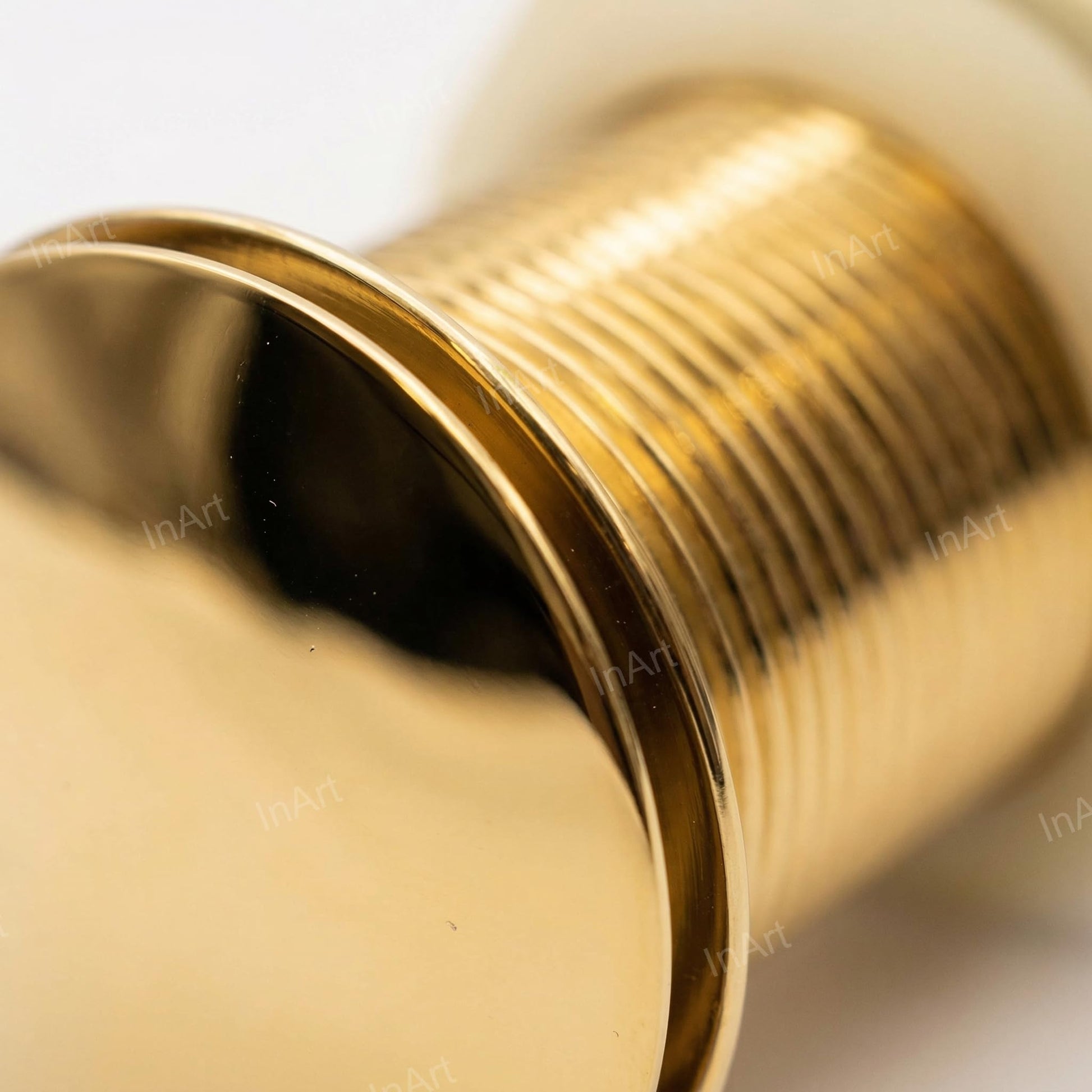 32mm basin waste coupling gold finish, detailed view of round pop-up cap for modern bathroom wash basin