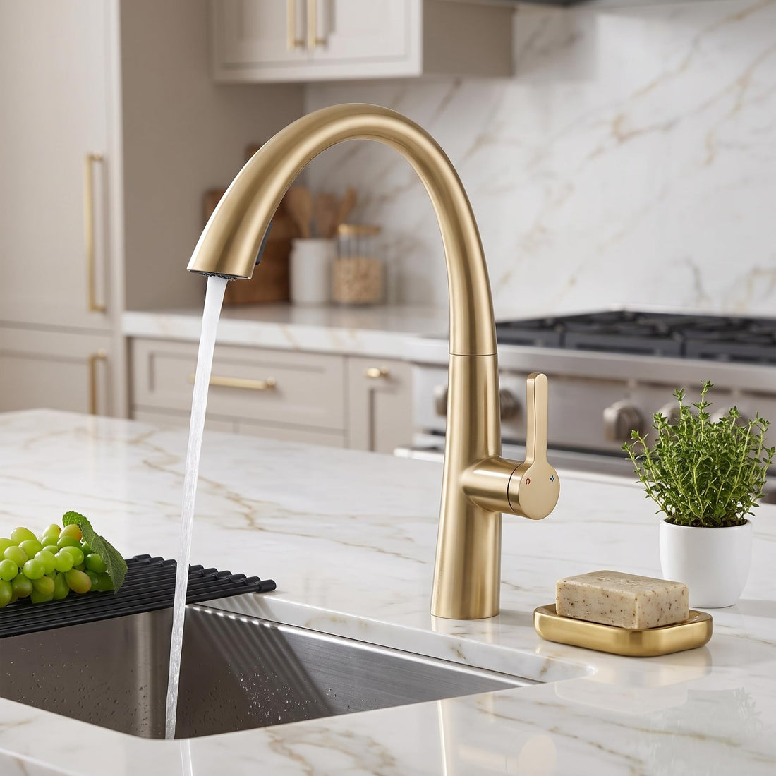 Brushed gold pull-down kitchen wash basin mixer tap with single lever control