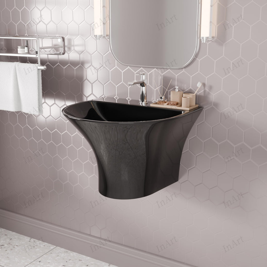 Glossy black oval ceramic wall hung wash basin front view