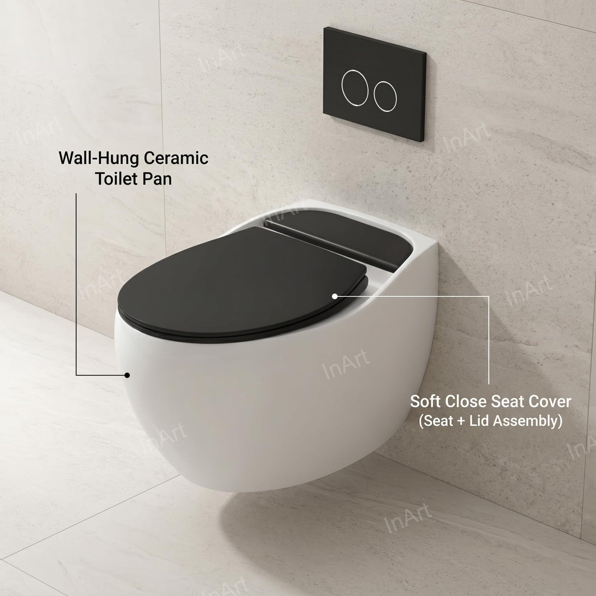 InArt ceramic wall mounted WC close-up of base and mounting area, sturdy wall hung commode for washroom