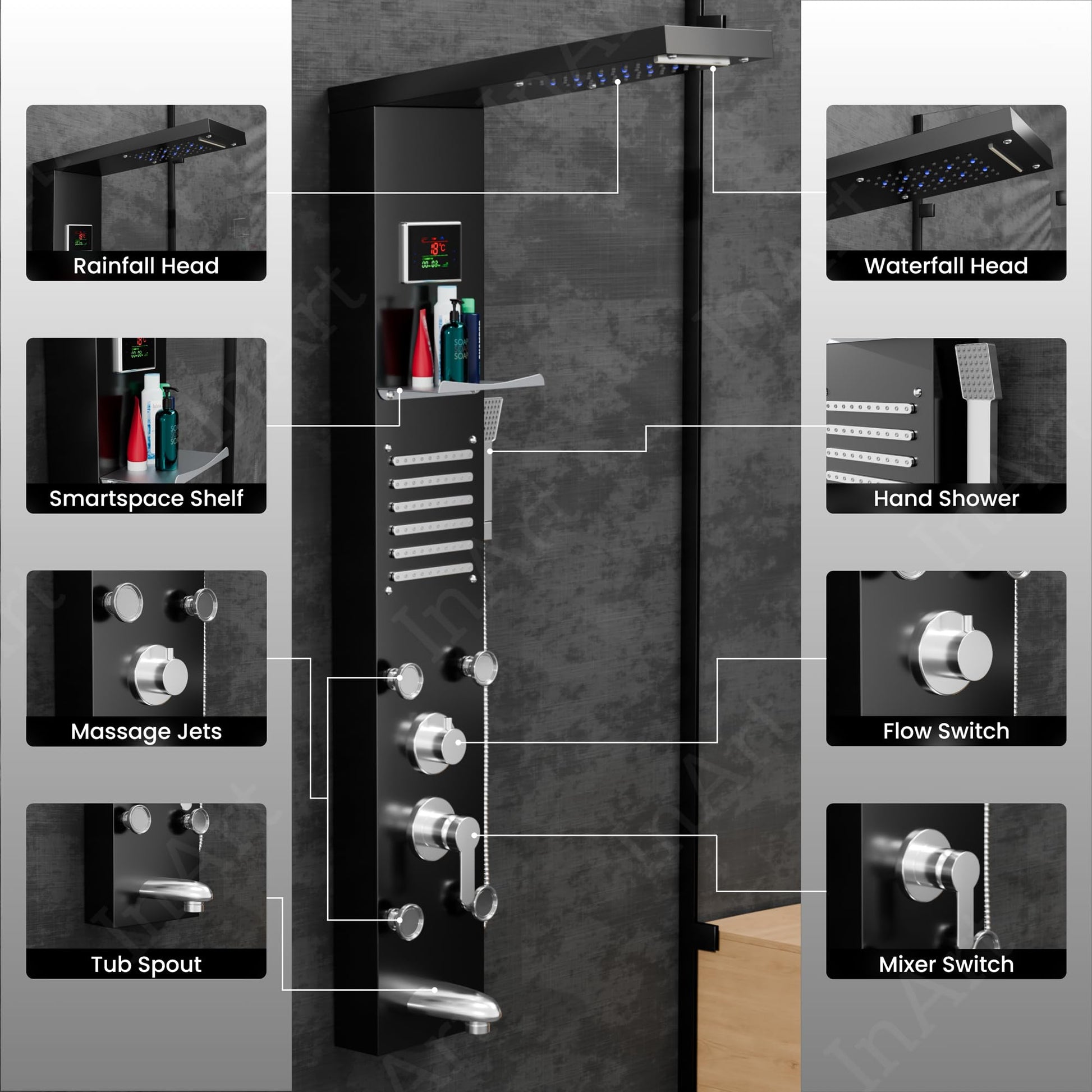 Thermostatic LED shower panel, black glossy, bath shower panels