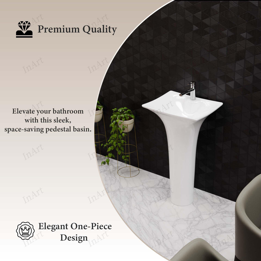 InArt ceramic pedestal wash basin in glossy white, rectangular free standing design, front view
