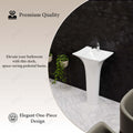 Modern pedestal wash basin design in glossy white ceramic, rectangular standing basin angled view