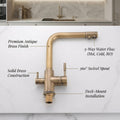 Antique brass swan neck sink tap with water filter, 360° swivel spout, angled side view on deck mount