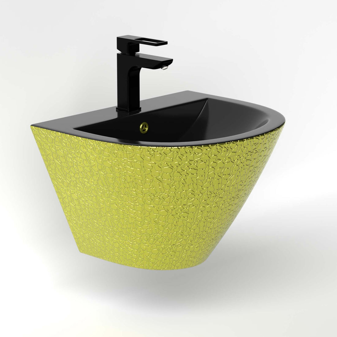 InArt cera wall hung wash basin in black and gold ceramic rectangular design with half pedestal, front view