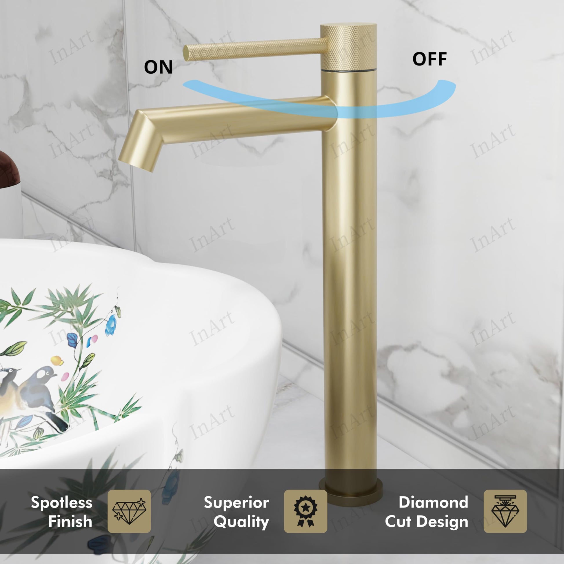 Table top wash basin tap high neck in brushed gold, long neck pillar tap for wash basin in bathroom interior