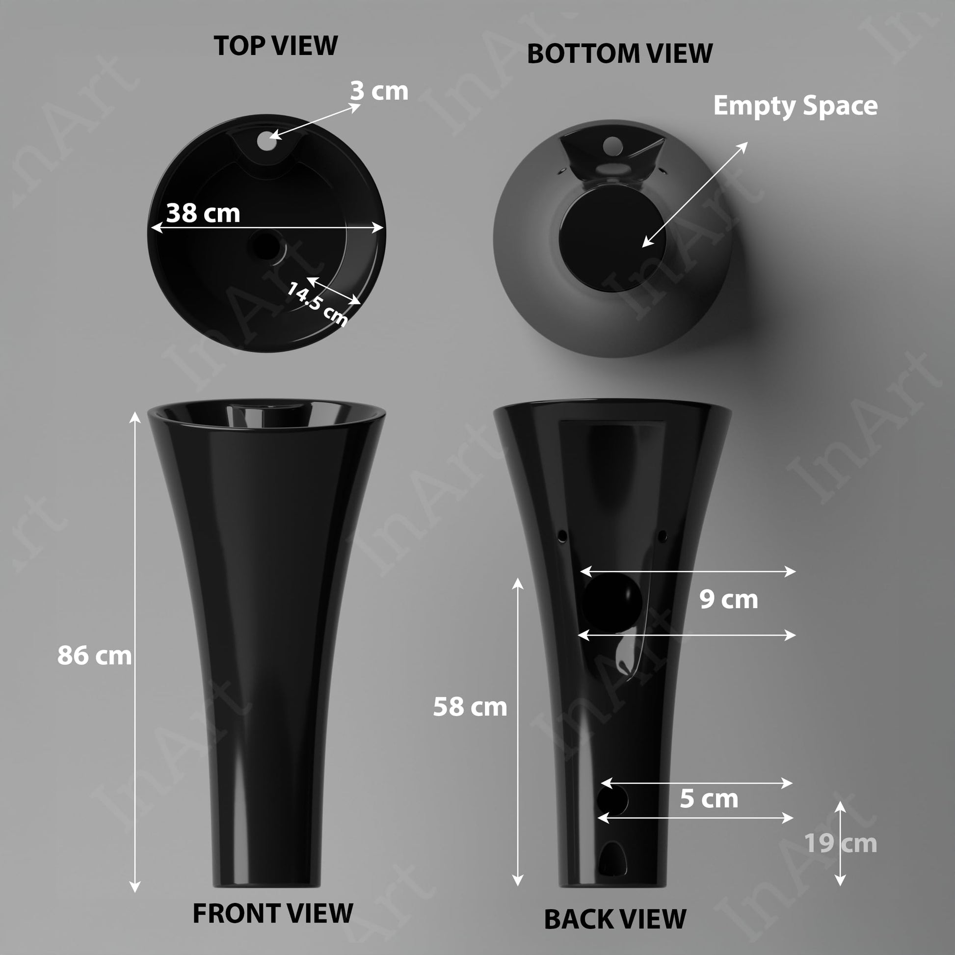 Modern ceramic pedestal wash basin design in matte black, side angle view for stylish washroom interiors