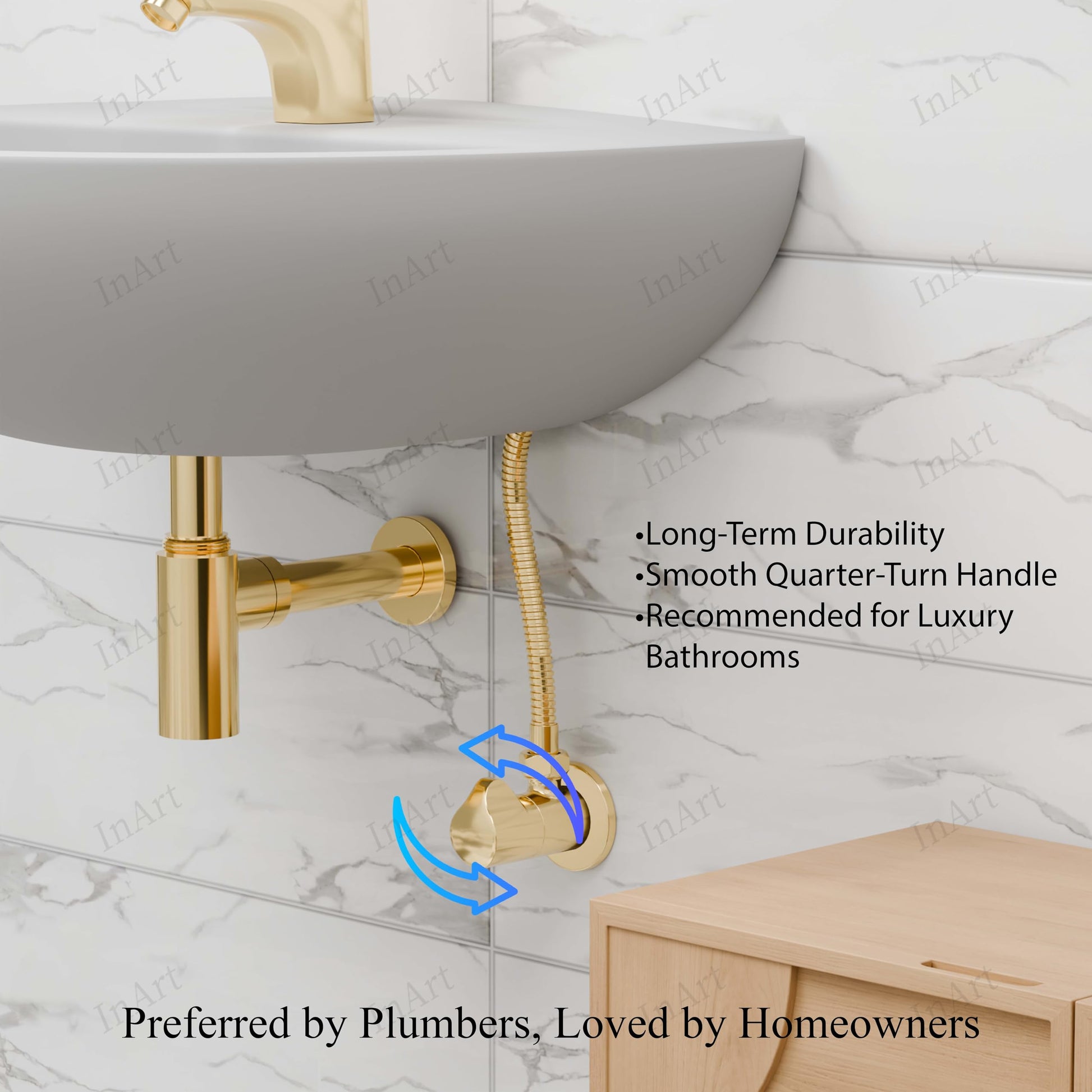 Angle valve for wash basin tap in glossy gold brass, side view L-type body with smooth handle grip