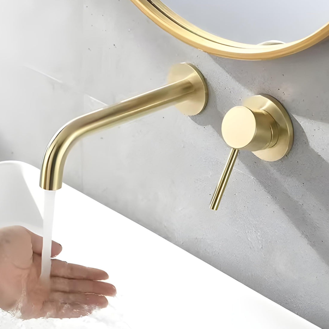 InArt wall tap mixer in brushed gold brass, waterfall wall mounted basin mixer tap with single lever