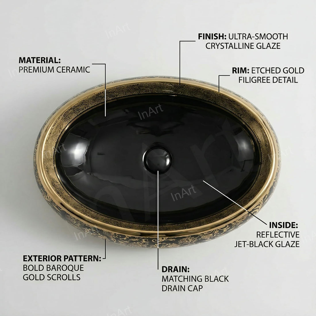InArt ceramic table top wash basin design, rectangular black gold counter top basin front view