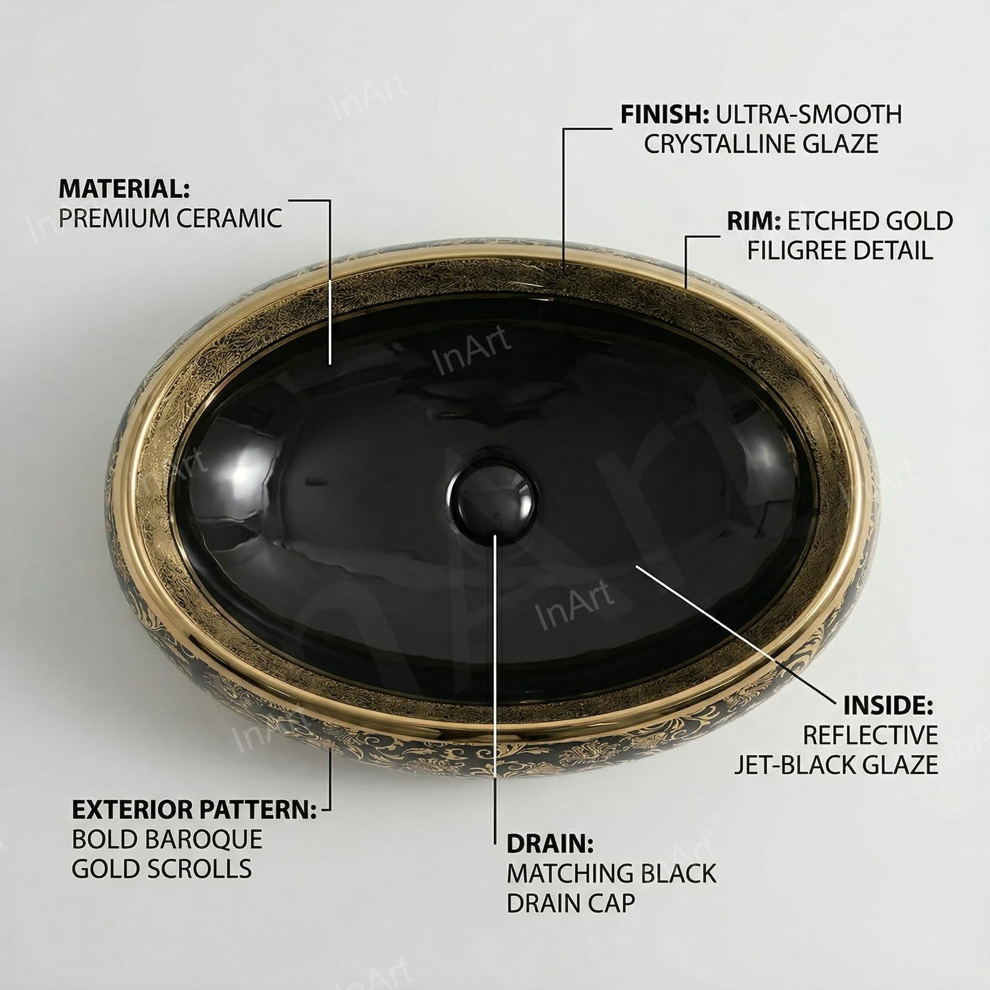 Designer table top basin design in black gold ceramic, angled view for modern bathroom counter